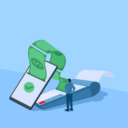 People see money flying from a phone to a bill payment machine, a metaphor for contactless payments. Simple flat conceptual illustration.のイラスト素材