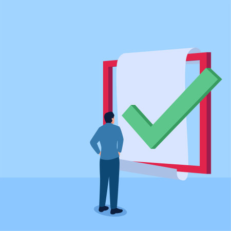 person standing looking at paper with big check mark, a metaphor for terms and conditions. Simple flat conceptual illustration.のイラスト素材