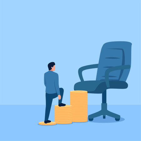 people climb a ladder of coins to a chair, a metaphor for the corruption of office. Simple flat conceptual illustration. drainのイラスト素材