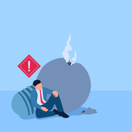 people sit back in confusion next to smoking dead lights, a metaphor for mental blocks. Simple flat conceptual illustration.のイラスト素材