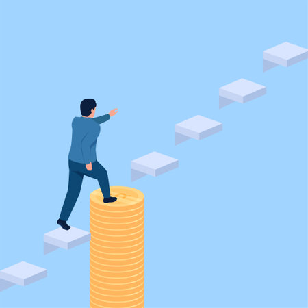 people pass through the hollow stairs with the help of coins, a metaphor of business favors. Simple flat conceptual illustration.のイラスト素材