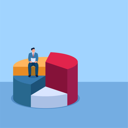 man sitting holding paper looking at biggest pie chart, a metaphor for market share. Simple flat conceptual illustration.のイラスト素材