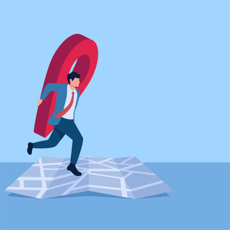 Man lifting pin across map, metaphor for moving location. Simple flat conceptual illustration.のイラスト素材