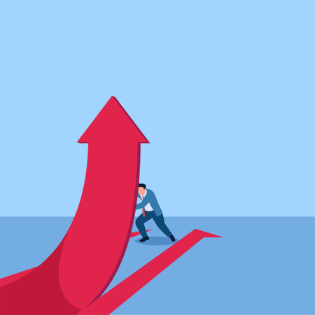 Man raising half arrow pointing upwards, metaphor for positive breakout stock. Simple flat...