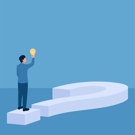Man carrying a lamp over a question mark lying like a road, illustration for problem solving.のイラスト素材