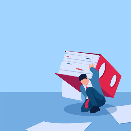 Businessman sitting on the floor with a lot of documents. Flat vector illustration.のイラスト素材