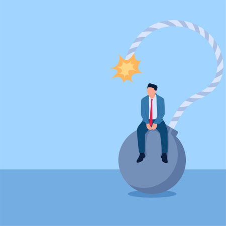 Man sitting relaxed on top of bomb looking at burning fuse, illustration for trouble.のイラスト素材