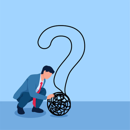 Man rolls intricate lines that form a big question mark, illustration for problem.のイラスト素材