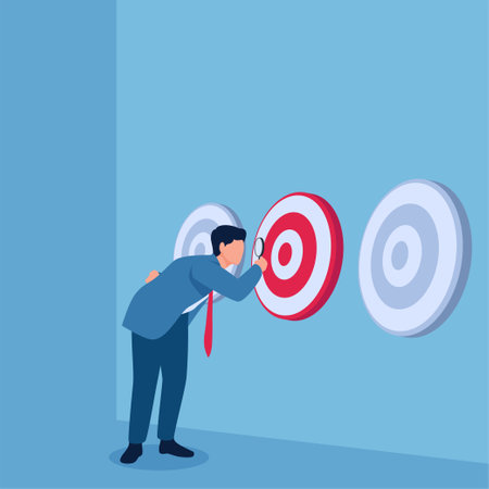 Man carrying magnifying glass selecting suitable target, illustration of target selection.のイラスト素材