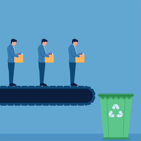 Businessmen on a conveyor belt sorting garbage. Flat design vector illustration.