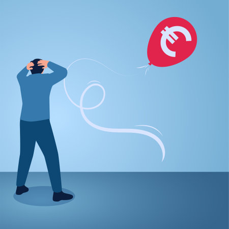A man is surprised to see a flying euro balloon, an illustration of euro inflation.のイラスト素材