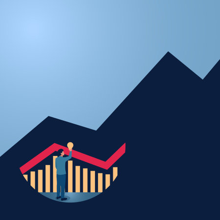 A man holding a lamp illuminates a rising business sales graph, an illustration to explore business, market predictions, the journey to success.のイラスト素材
