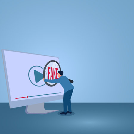 A man uses magnify to a laptop and sees the word fake, an illustration for fake news, hoax, illegal reports, misinformation.のイラスト素材