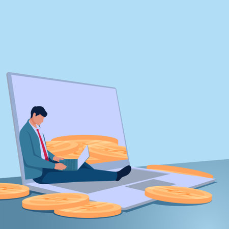 A man holds a laptop and coins are scattered around him. Illustration for making money online, working from home, freelancing.のイラスト素材