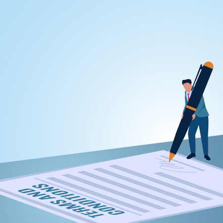 A man holds a pen to sign. Illustration for terms and conditions.のイラスト素材