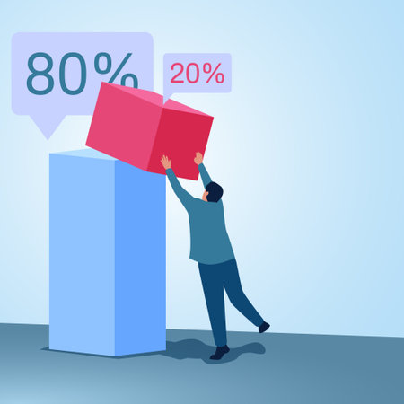 A man stacks a 20 chart on top of an 80 chart. Illustration for the Pareto principle in business.のイラスト素材