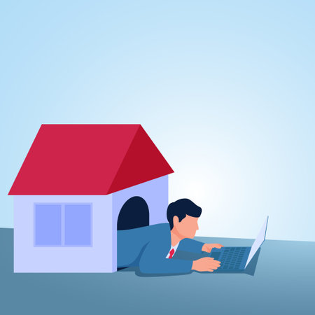 A man works with a laptop from inside a small house. Illustration for remote work, work from home and freelancing from anywhere.のイラスト素材