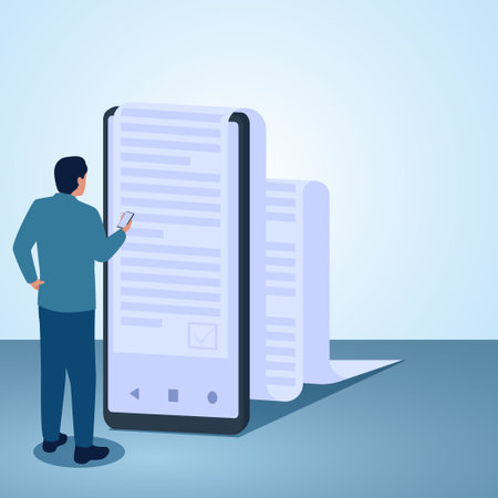 A man looks at the description on his mobile phone. Illustration for terms and conditions.のイラスト素材