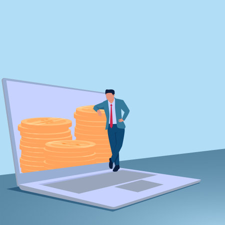 A man standing in front of a laptop and coins inside. Illustration for earning money online, work from home, freelance.のイラスト素材
