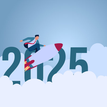 A man riding a rocket above the number 2025. Illustration for new year goals, new targets and new...