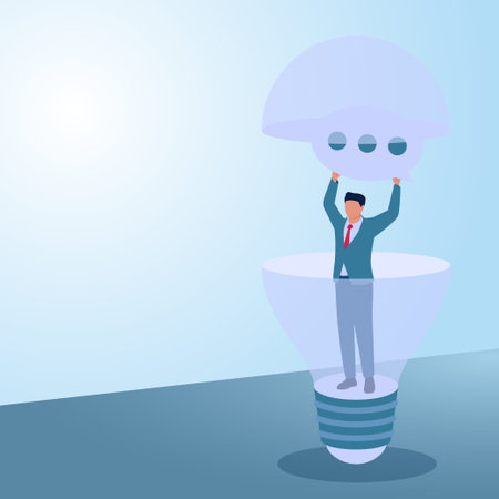A man holds up a chat icon inside a lamp. Illustration for suggestions, criticisms and tips and tricks.のイラスト素材