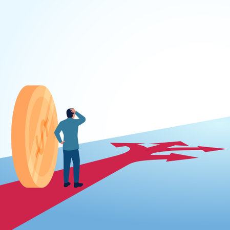 A confused man looking at a forked road with money. Illustration for financial management, financial planning and arrangement.のイラスト素材
