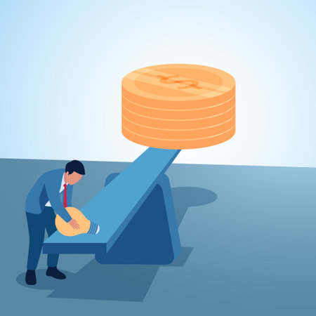 A man puts a lamp on a money scale. A metaphorical illustration for the value of an idea, valuable thinking and limitless creativity.のイラスト素材