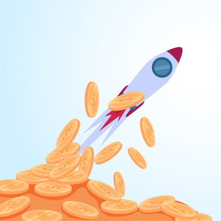 Rockets shoot up and coins scatter. A metaphorical illustration of increasing sales, accelerating profits and increasing revenue.のイラスト素材