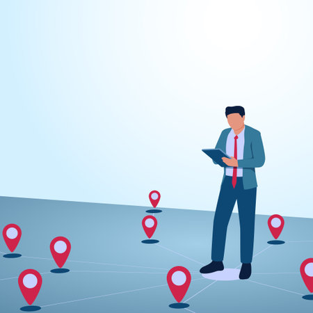 A man holds a report and location pins scattered around. A metaphorical illustration for business expansion, franchise development and expanding business.のイラスト素材