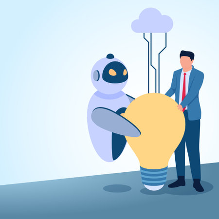 A man holding a big idea bulb along with a robot connected to the cloud network. A metaphorical illustration for the integration of artificial intelligence, unification and the digital future.のイラスト素材