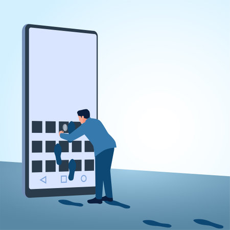 A man examines a cellphone that has left footprints. A metaphorical illustration for digital footprints, browser history and tracking.のイラスト素材
