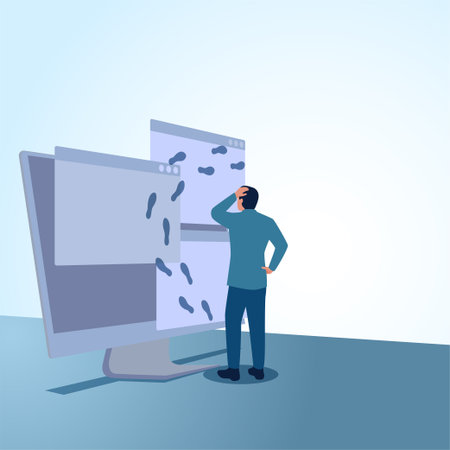 A man looks at a web page and there are footprints. A metaphorical illustration for digital footprints, browser history and tracking.のイラスト素材