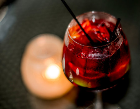 red wine sangria cocktail drinks beautiful blurred background and candle light on black table outsideの写真素材