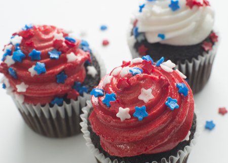 Chocolate cupcakes celebrating America holiday the 4th of Julyの写真素材