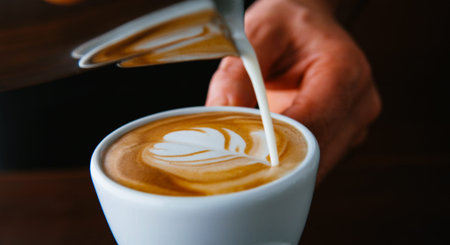 Latte art. Barista pouring milk into coffee cup