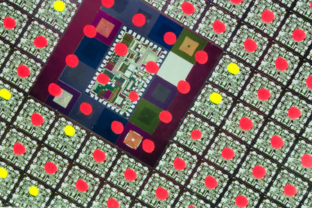 Extreme close-up of large scale integrated circuit wafer. Quality control marks are visible on...