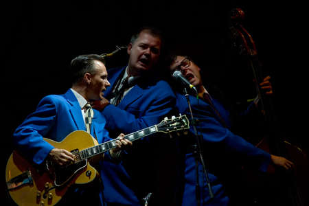 Perugia, Italy - July 10-19, 2009 - Bullmoose K Foundling, Boysie Battrum, Shark Van Schtoop of King Pleasure & The Biscuit Boys group on stage at Umbria Jazz Festival. のeditorial素材