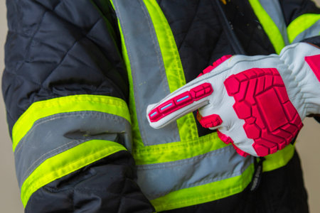 Close-up of a worker pointing at reflective tape on a high visibility jacket sleeve. Concept of workplace safety, protective clothing, industrial standards, and visibility at work.の写真素材