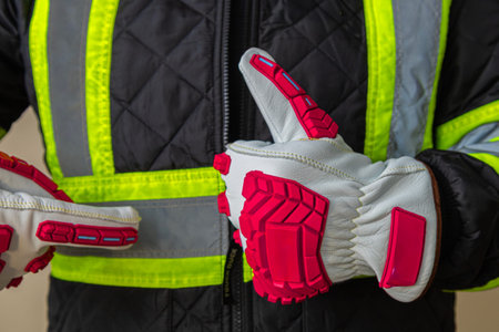 Close-up of a worker pointing at reflective tape on a high visibility jacket sleeve. Concept of workplace safety, protective clothing, industrial standards, and visibility at work.の写真素材