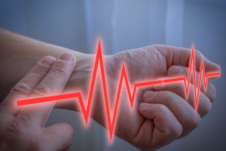 person checking pulse on the wrist using fingers. Concept of health monitoring, heart rate...