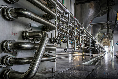 Equipment and pipes in the production workshop, China