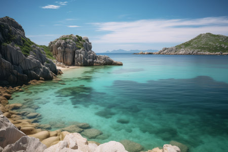 Beautiful beach with turquoise water and rocks in Sardiniaの素材