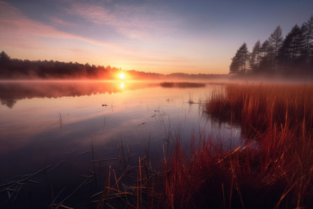 Foggy sunrise on the lake in the morning. Beautiful landscapeの素材