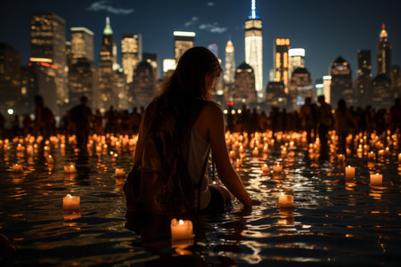 Silhouette of a woman sitting in the water with many burning candles in the nightの素材