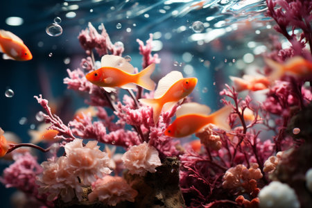 Goldfish in aquarium with corals and algae. Underwater world.の素材