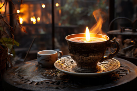 Burning candle in a cup of coffee on a table in a cafeの素材