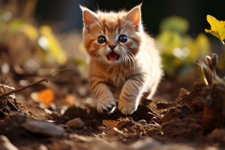 Cute little kitten playing in the garden on sunny autumn day.の素材
