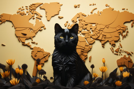 Black cat on the background of the map of the world. 3d renderingの素材