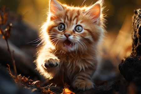 Cute ginger kitten playing in autumn forest at sunset. Fluffy pet.の素材