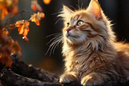 ginger maine coon cat sitting on a branch in autumnの素材